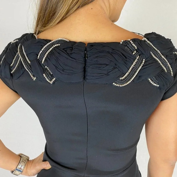 Marchesa Silk Jeweled Black Sheath Cocktail Dress - Picture 5 of 8